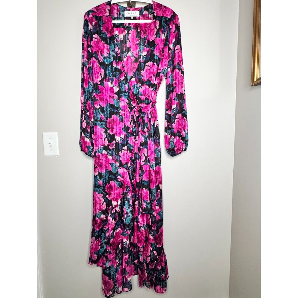WAYF Floral Wrap Dress Large Pink Black Romantic Boho Midi Long Sleeve - Picture 2 of 6